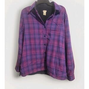 LL Bean Fleece Lined Flannel Shirt Womens M Purple Plaid Shacket # 285013